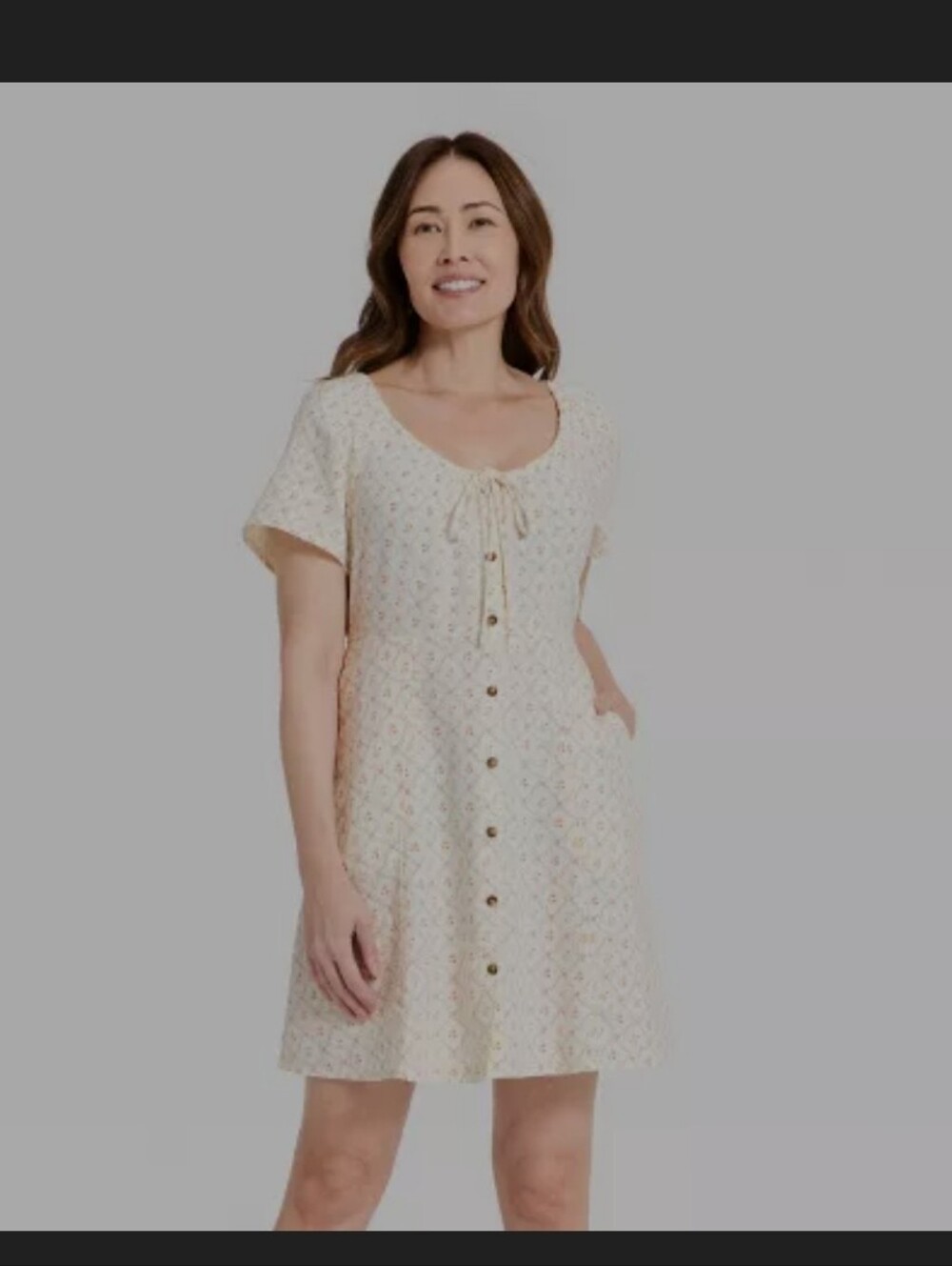 Short Sleeve Button Front Cream Floral Linen Mini Dress